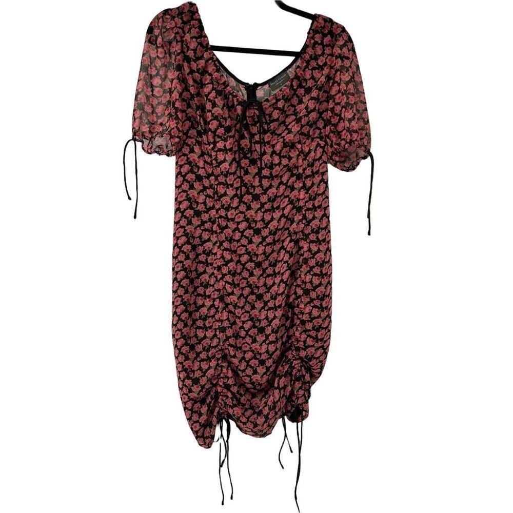 Dress Forum Black‎ Pink Floral Puff Sleeve Draw String Cinch Dress